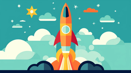 ai generated: picture of rocket flying above clouds, business startup banner concept, flat style ill