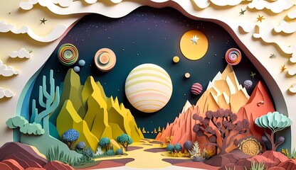 Paper craft whimsical fantasy landscape with gradient fade colors. 3D abstract background with paper cut shapes. Colorful carving art. Ai generative