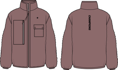 Wall Mural - Long sleeve Fleece jacket design flat sketch Illustration, jacket with Zipper front and back view, Anorak winter jacket for Men and women. for training, Running and workout in winter.