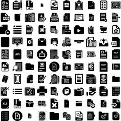 Collection Of 100 Document Icons Set Isolated Solid Silhouette Icons Including Folder, Information, Office, Management, File, Document, Business Infographic Elements Vector Illustration Logo