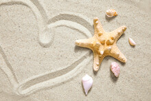 Heart Drawing, Starfish And Seashells On Sand