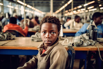 Wall Mural - Small African black boy portrait with blurred textile factory background, Illegal child labour in sweatshop manufacturing concept, documentary style. Generative AI