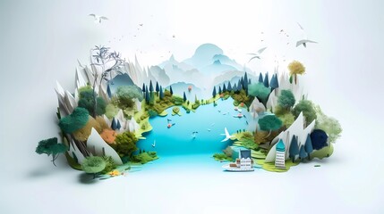 Wall Mural - Landscape of fantasy whimsical island with forest and mountains, hot air balloon over the sea, paper craft art or origami style. Ai generative