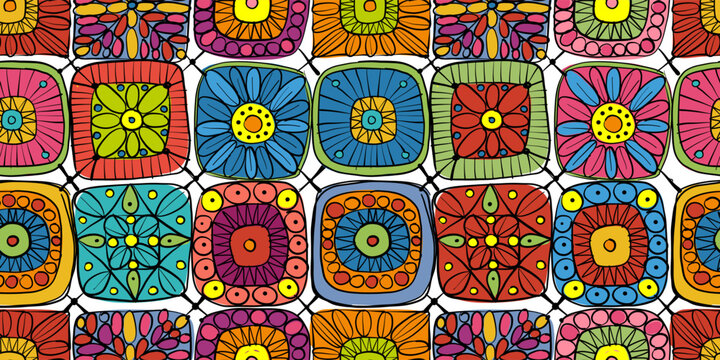 Fototapete -  - Granny square crochet. Seamless pattern background. Knitted wear. Folk art motif with flowers. Vector illustration