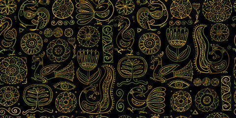 Poster - Magic fantasy birds and flowers. Vintage seamless pattern background for your design. Vector illustration