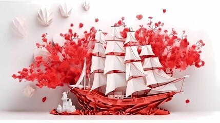 Wall Mural - Paper craft whimsical fantasy illustration of red sail ship, caravelle in the sea. Ai generative