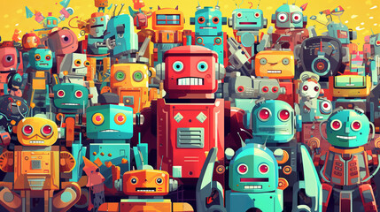 A collection of retro tin robot toys illustrated as a background. Generative Ai.