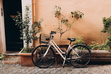 Bicycle parked on the street in Rome, Italy. Old bike against the orange wall at home. City transport concept. Lush green plants growing in pots near door of house