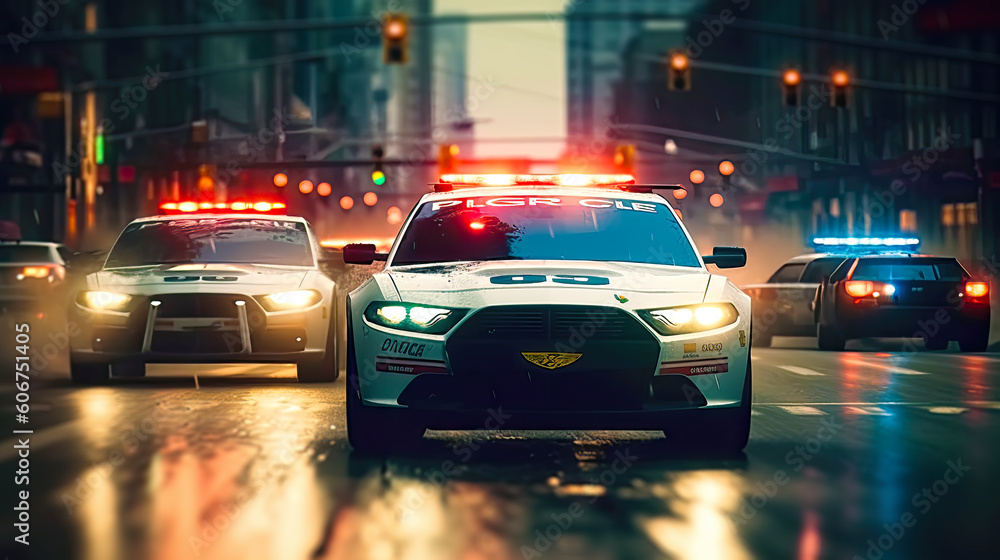 Police car chase through the streets of a city. Postproducted ...