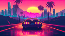 Summer Vibes 80s Style With A Car Going To The City Before Him. Postproducted Generative AI Illustration.