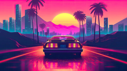 Summer vibes 80s style with a car going to the city before him. Postproducted generative AI illustration.