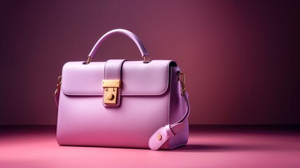 Beautiful trendy smooth women's handbag briefcase in pink color on a violet studio background