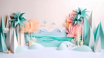 Wall Mural - Paper craft illustration of Beautiful tropical island in the ocean with palm trees, sand beach, nature. Ai generative