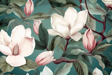 decoration seamless wallpaper floral pattern watercolor illustration magnolia leaf flower background. Generative AI.