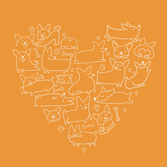 Poster - Corgi dogs, heart shape. Funny Puppies collection. Sketch for your design. Vector illustration