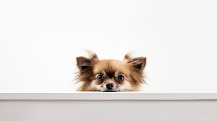 Wall Mural - Cute head of peeking dog isolated on white background. Space for text. Generative AI