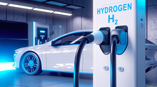 Hydrogen fuel car charging station with car. Postproducted generative AI illustration.