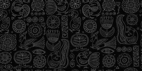 Canvas Print - Magic fantasy birds and flowers. Vintage seamless pattern background for your design. Vector illustration