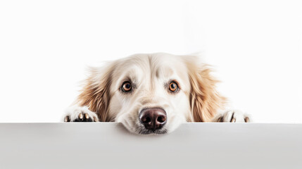 Wall Mural - Cute head of peeking dog isolated on white background. Space for text. Generative AI