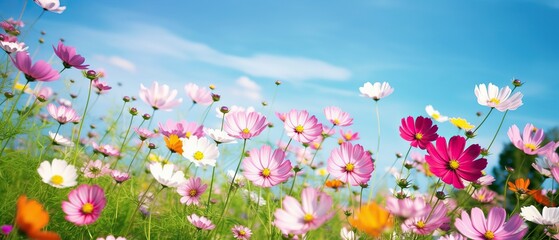 Multicolored cosmos flowers in meadow in spring summer nature against blue sky. Selective soft focus