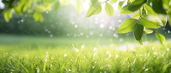 Sticker - Natural summer spring landscape frame with wet green grass with morning dew and fresh juicy foliage on Sunny day. Ray of sunlight breaks through foliage of trees in Park in nature outdoors. wide