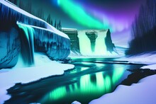 Scenic View Of Clear River Flowing From Stony Cliffs At Waterfall Under Dynamic Vibrations Of Aurora Borealis Lights - Generative Ai

