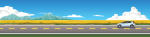 Happy Family  Car For Banner. Car Hatchback For Travel.  Asphalt Road Near Field Of Bright Yellow Flowers And Mountain Under Clear Sky For Winter Travel. Copy Space Flat Vector.