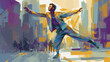 Illustrate the lively footwork of a street performer, bringing their dance to life on the bustling city street