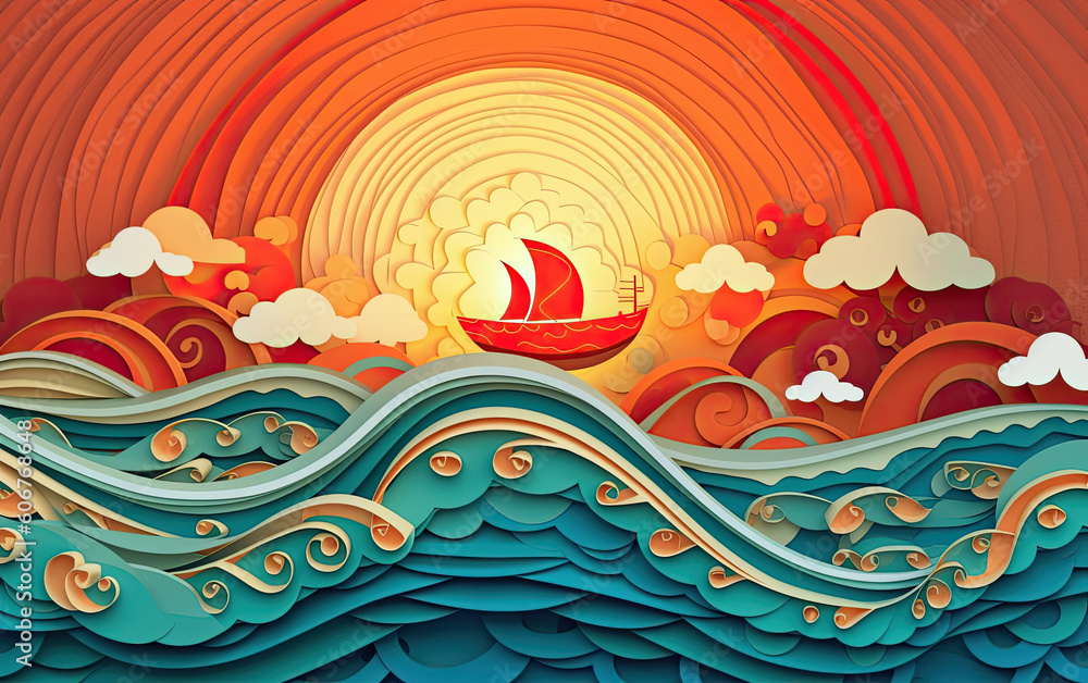 Paper craft and cut illustration of an old ship at sea with the waves ...