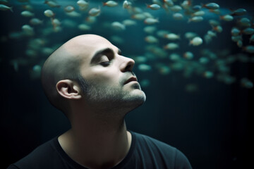 Portrait of a man in the aquarium with a lot of fish