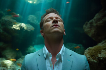 Businessman looking at a fish tank in a deep water aquarium.