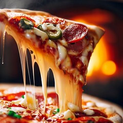 A slice of pizza being lifted up by a fire created with generative ai