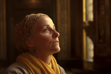 Wall Mural - Portrait of an old woman in the church. Shallow depth of field.