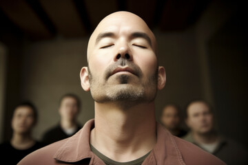 Group portrait photography of a man in his 40s practicing mindfulness sophrology relaxation & stress-reduction wearing a sporty polo shirt against an office or corporate background