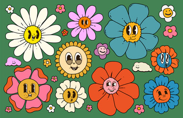 Set of vintage groovy hippie flower buds with funny cartoon faces isolated on green background. Retro styled vector illustration