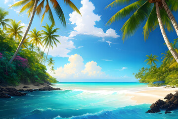 panorama of tropical beach with coconut palm trees