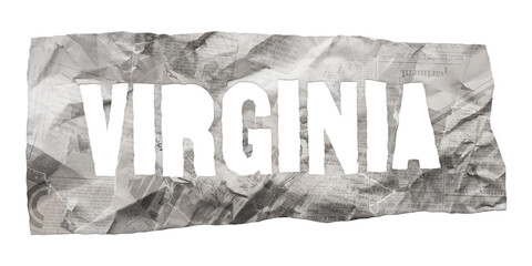 Wall Mural - Virginia state name cut out of crumpled newspaper in retro stencil style isolated on transparent background