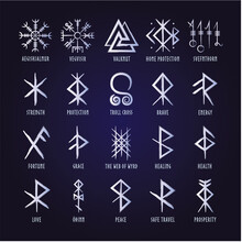 Full editable collection of norse symbols with meanings like protection, love, healing, safe travelling, compass, good luck, brave or courage and more.
