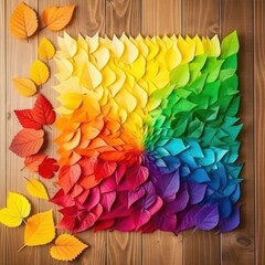 Wall Mural - Rainbow colored realistic autumn leaves. AI generative illustration.