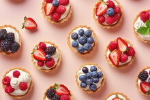 Delicious Sand Dough Tartlets With Vanilla Cream Swirl, Blueberries, Raspberries, Strawberries, Blackberries Isolated On Pastel Beige Background, Top View, Copy Space. Generative AI Photo Imitation.