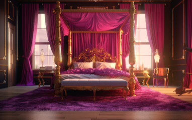 interior of a hotel room magenta and Gold Bedroom with Four - Poster Bed , Generative AI	