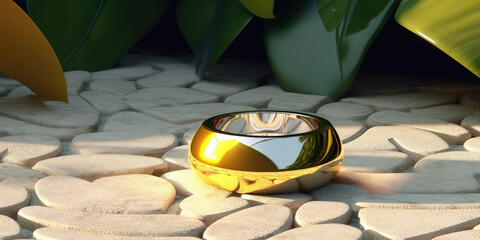 3d render, abstract summer yellow background with tropical leaf shadow and bright sunlight. Minimal showcase scene with cobblestones and silver ring for organic cosmetic product presentation