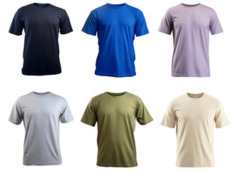 Wall Mural - Collection of various blank men's t-shirt mockups, isolated on white background, transparency, colors Navy Blue, Royal Blue, Lilac, Light Grey, Olive Green, Cream, ai generated