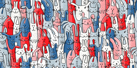 Wall Mural - Funny Bunnies family. Seamless pattern background with Rabbits. Symbol of 2023 chineese new year. Cute characters, childish style. Colors of flag of country - red white and blue. Vector illustration