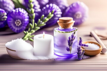  Lavender flowers, sea salt, oil in bottle, aroma candle on wooden white background - generative ai
