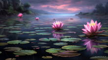 The Reflection Of A Tranquil Lotus Pond Under A Moonlight. Generative AI