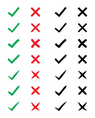 Aufkleber - Right and Wrong icon set. Check mark and X mark icon. Checkmark and x mark icon for apps and websites. Green and red check mark icon on white background - stock vector.