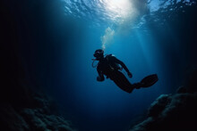 Woman Scuba Diving In Deep Blue Sea Banner On Black Background