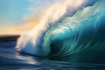 Digital painting of inside a beautiful cresting wave, inside ocean wave barrel, glassy ocean wave art