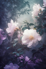 Wall Mural - bushes of white roses on misty background